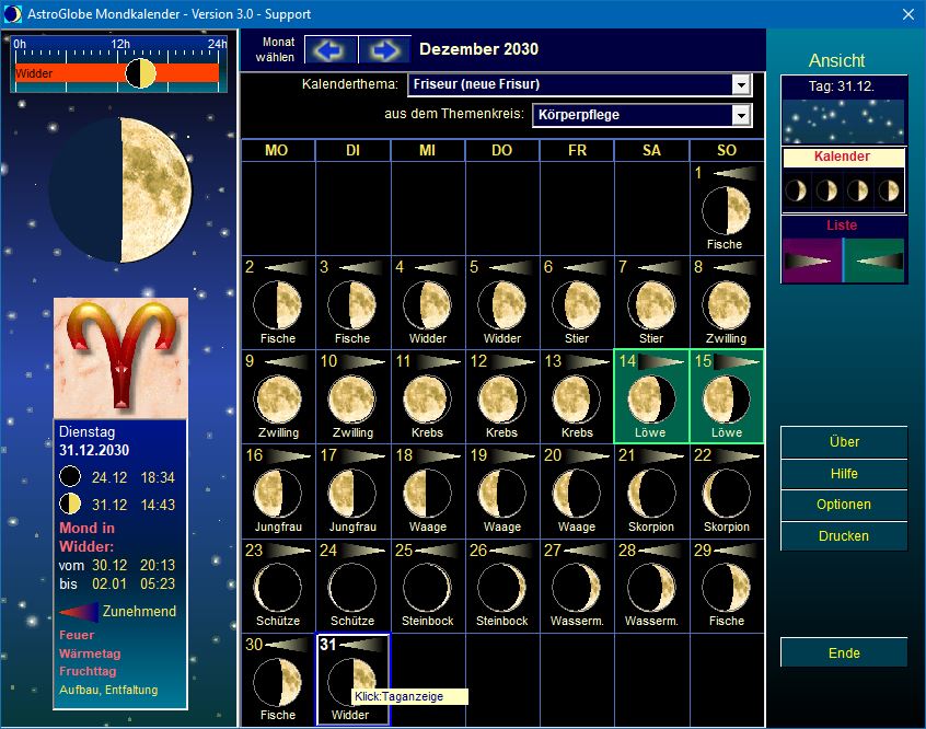 Mondkalender Detailansicht Kalender